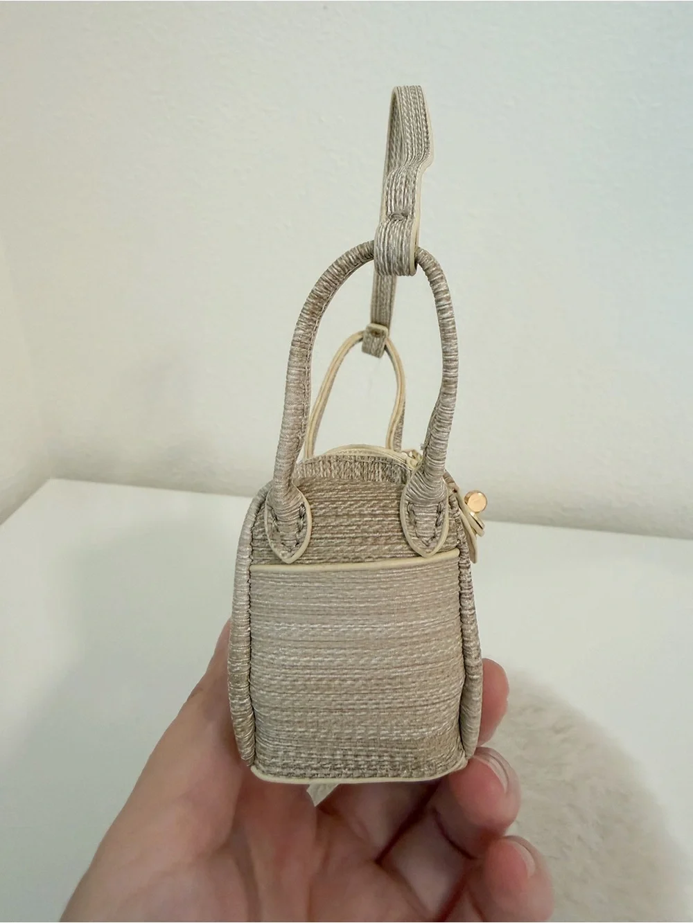 Mini Top Handle Bag Charm Woven Texture Coin Pouch Beige Luxury Style